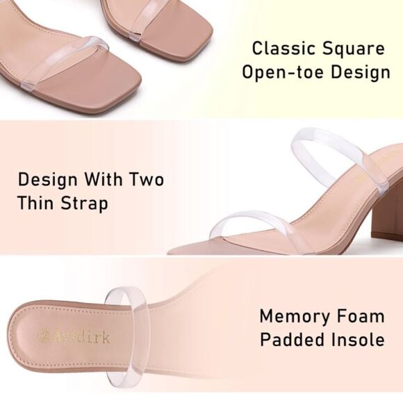 Avidirk Square Open Toe Backless Block Heeled Sandal- Double Clear Strap Slip On - Picture 12 of 14